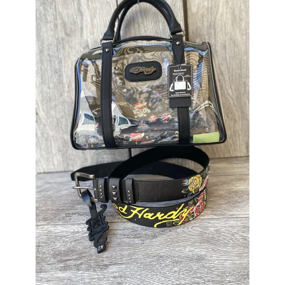 Ed Hardy Tattoo Belt & Clear Satchel Set | Rockabilly Style, Vegan, Size 42 - Picture 2 of 10